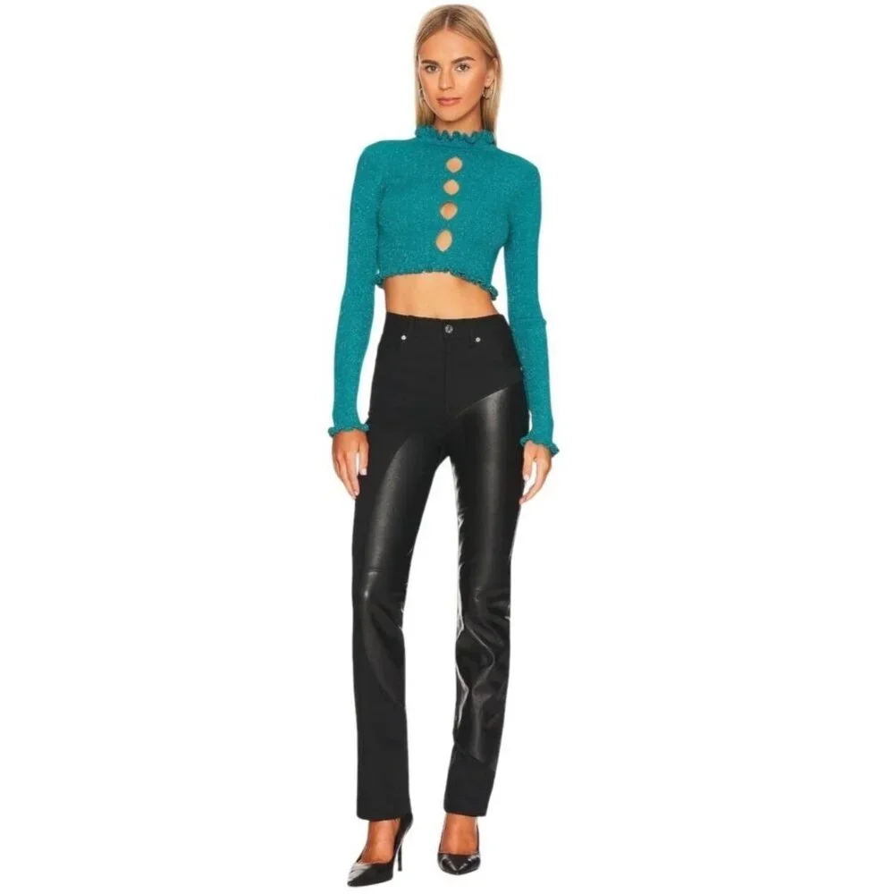 For Love & Lemons Lorelei Cropped Metallic Ruffled Trim Sweater With Keyhole Cut